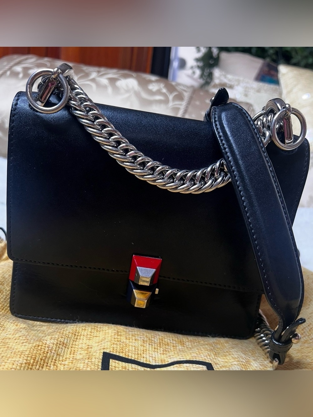 Fendi Kan I Small Black Leather Chain Shoulder Bag with Dust Bag & COA